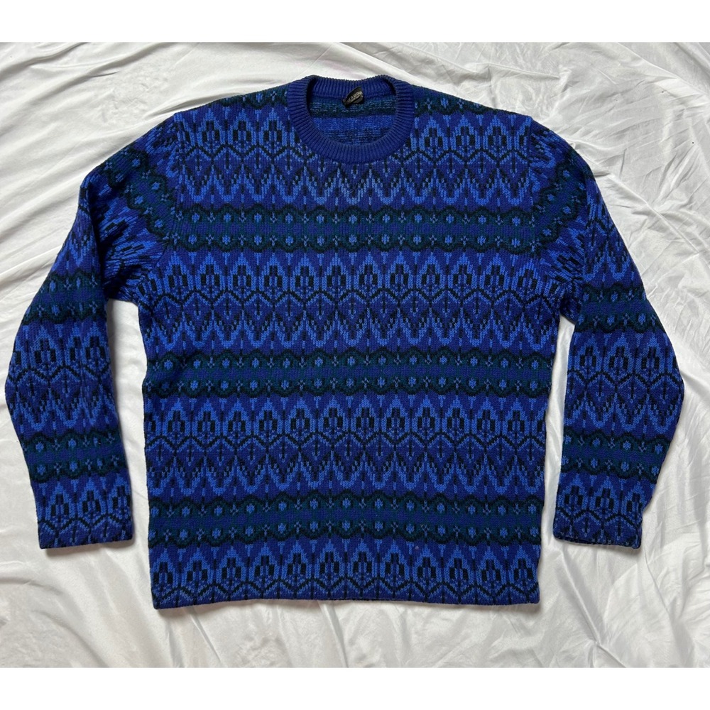 Bergland Vintage 100% Pure Wool Sweater Austria Blue Fair Isle Crewneck Mens L